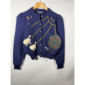 Pfister Austria Womens Navy Blue Sheep Tree Embroidered Cardigan Sweater Size 44